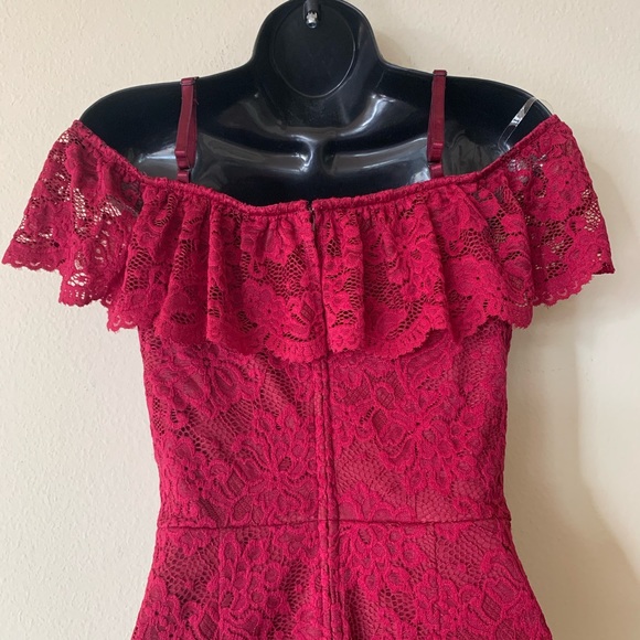 A. Buyer Red Maroon Lace Off Shoulder Fitted Dress - Picture 5 of 10